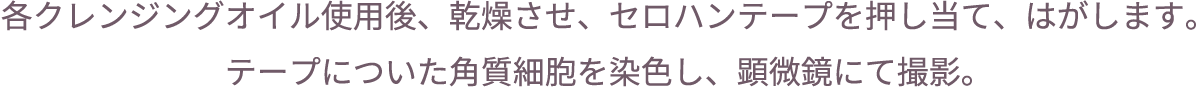 各クレンジングオイル使用後、乾燥させ、セロハンテープを押し当て、はがします。テープについた角質細胞を染色し、顕微鏡にて撮影。