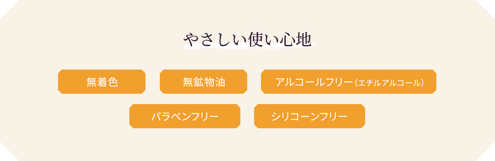 やさしい使い心地 無着色 無鉱物油 アルコールフリー（エチルアルコール） パラベンフリー シリコーンフリー