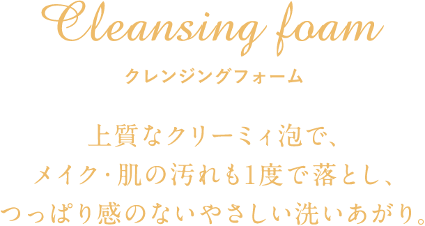 Cleansing foam クレンジングフォーム 上質なクリーミィ泡で、つっぱり感なく、メイクも肌の汚れも一度でしっかり落とします。