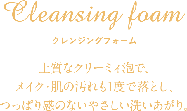 Cleansing foam クレンジングフォーム 上質なクリーミィ泡で、メイク・肌の汚れも1度で落とし、つっぱり感のないやさしい洗いあがり。
